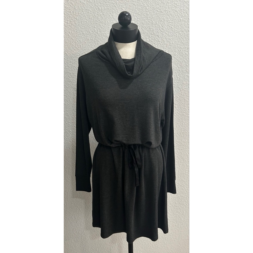 Loft Women’s Funnel Neck Drawstring Waist Mini Sweater Dress Sz Medium Dark Gray